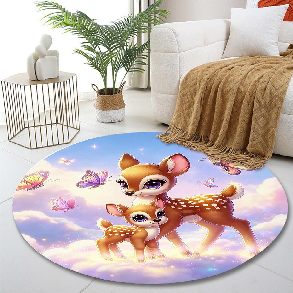 Deer and Butterflies In Dreamy Sky Print Round Rug, Living Room, Bedroom, Playroom Carpet, Non Slip Floor Mat, Gift