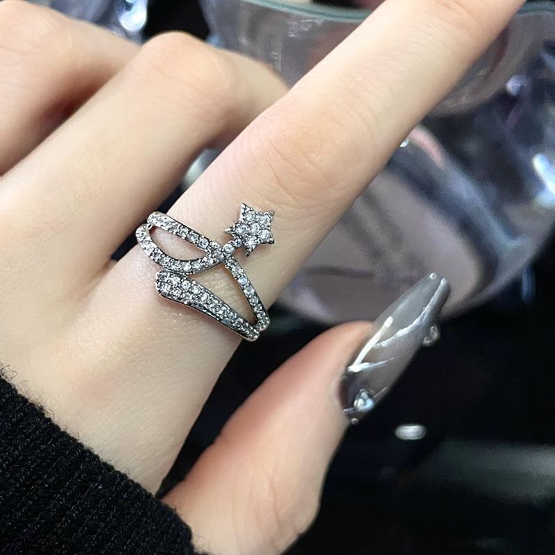 Rose Open Ring Stacked With Stars, Niche Design, High-End Fashion, Diamond-Encrusted Zircon Index Finger Ring, Women