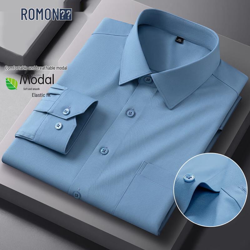 ROMON Men's Solid Color Wrinkle-Free Long Sleeve Formal Shirt