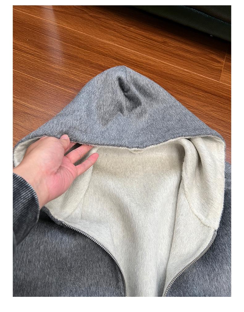 Heavyweight Double-Sided Wool Hooded Jacket Coat, Double Layer Color Block, Zipper Hoodie for Men and Women.