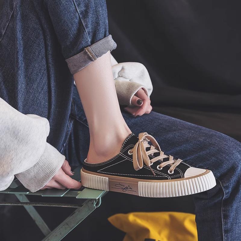 Super fire bag head half slippers women's outer wear 2025 summer new lazy thick-soled white canvas cool slippers sandals