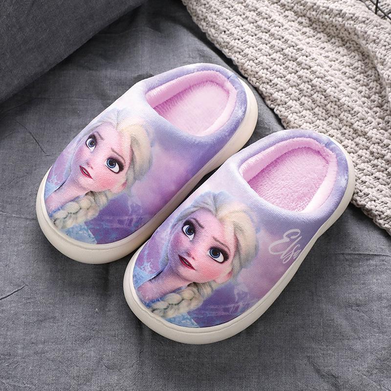 Frozen Girls' Cotton Slippers - Warm, Non-slip Autumn/Winter Princess Elsa Fur Slippers for Kids