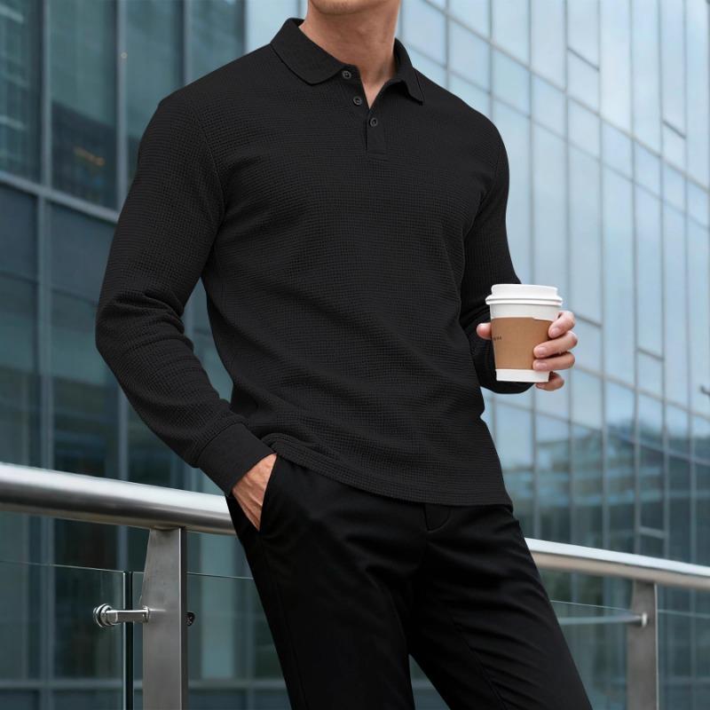 Men Waffle Knit Long Sleeve Turn Down Collar Casual Business Polo Shirt S чёрный