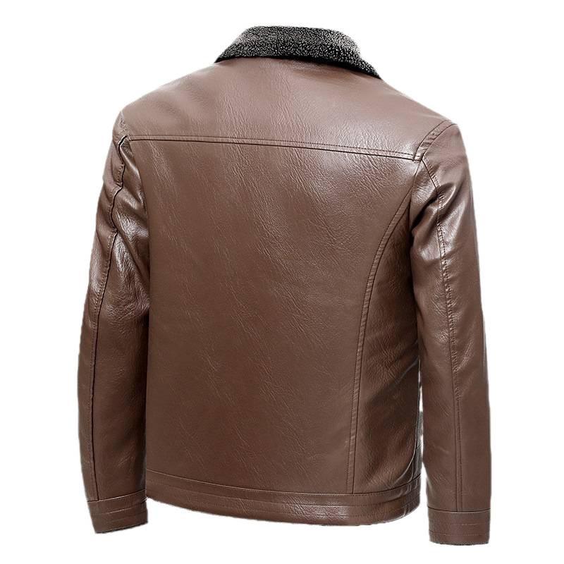 Men's Plus Size Winter Fur-Lined Leather Jacket with Lapel