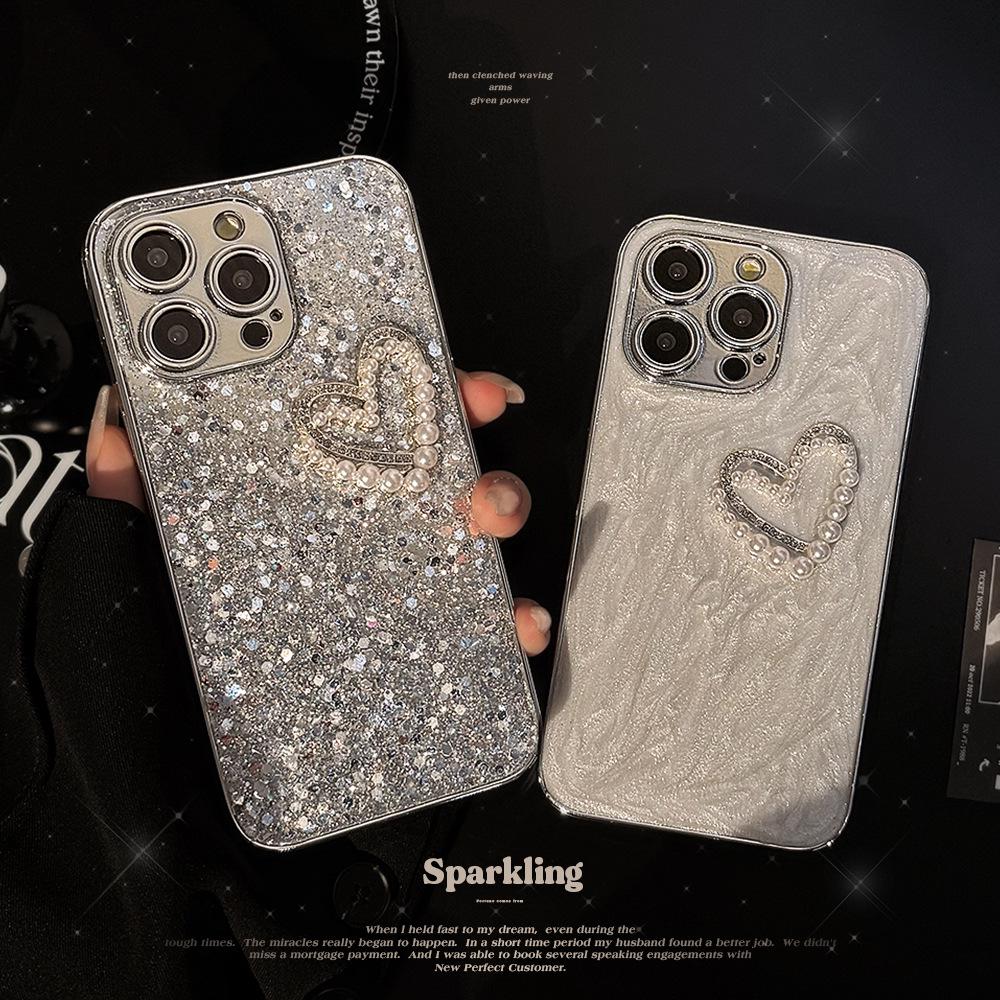 

3D Glitter Pearl Heart iPhone Case for Models 11 to 16 Pro Max 15