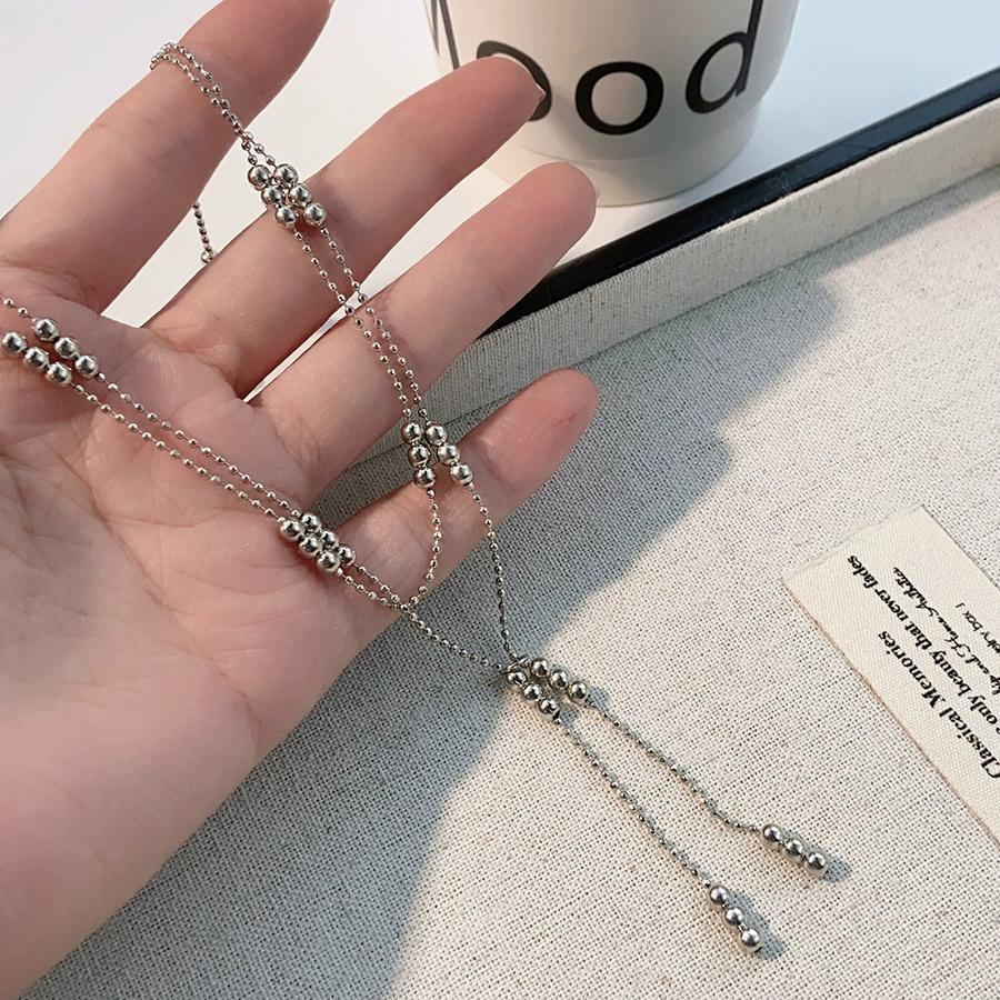 Double Layered Silver Color Bead Necklace Simple Thin Chain Round Beads Tassels Trendy Design Collarbone Chain Women's Jewelry