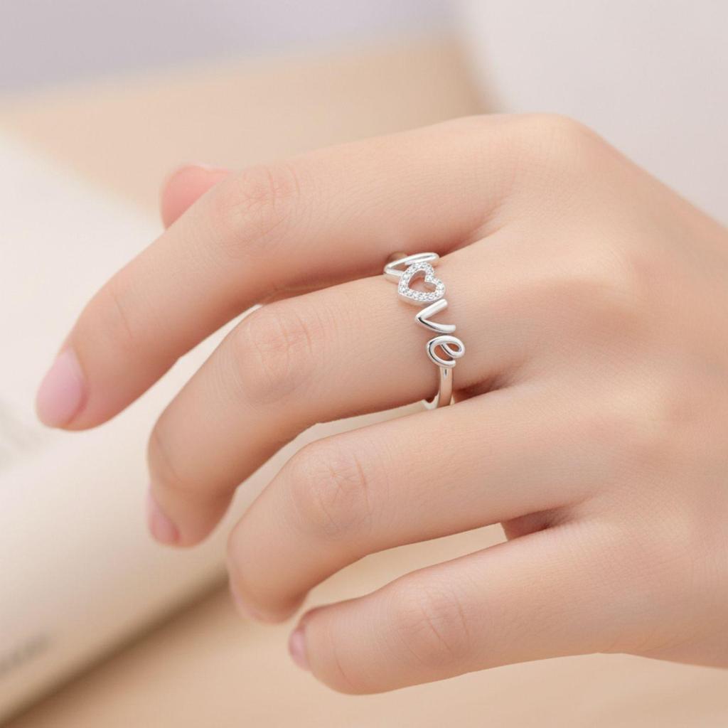 Heart Love Script Open Adjustable Ring – 925 Sterling Silver