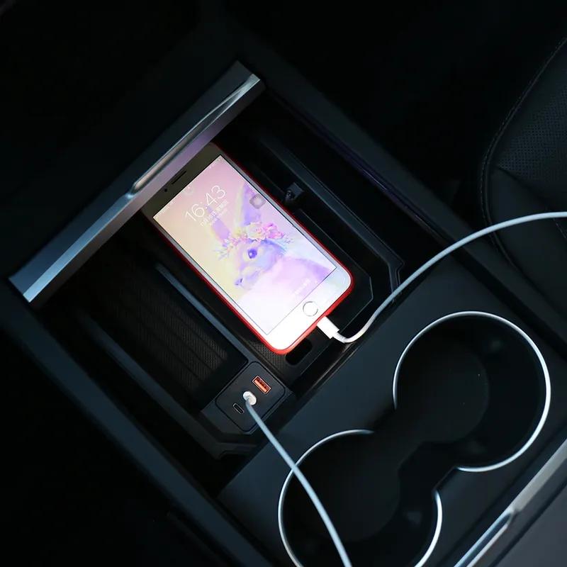 For Tesla Model 3 Y Juniper Highland Launch 2025 2026 Center Console Armrest Storage Organizer USB Type-C Charger Expansion Dock