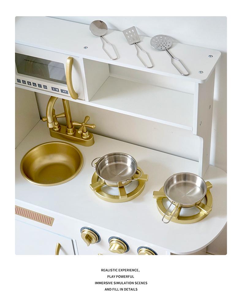 Children's Wooden Play Kitchen Toy Set: Golden Cooking Utensils & Accessories, Perfect Birthday Gift for Girls