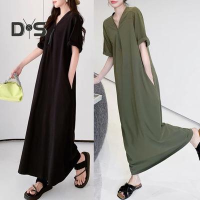 Women's Summer Short Sleeve T-shirt Dress Half Zip V Neck Maxi Dress Casual Long Sundress with Pockets for Beach Vacation