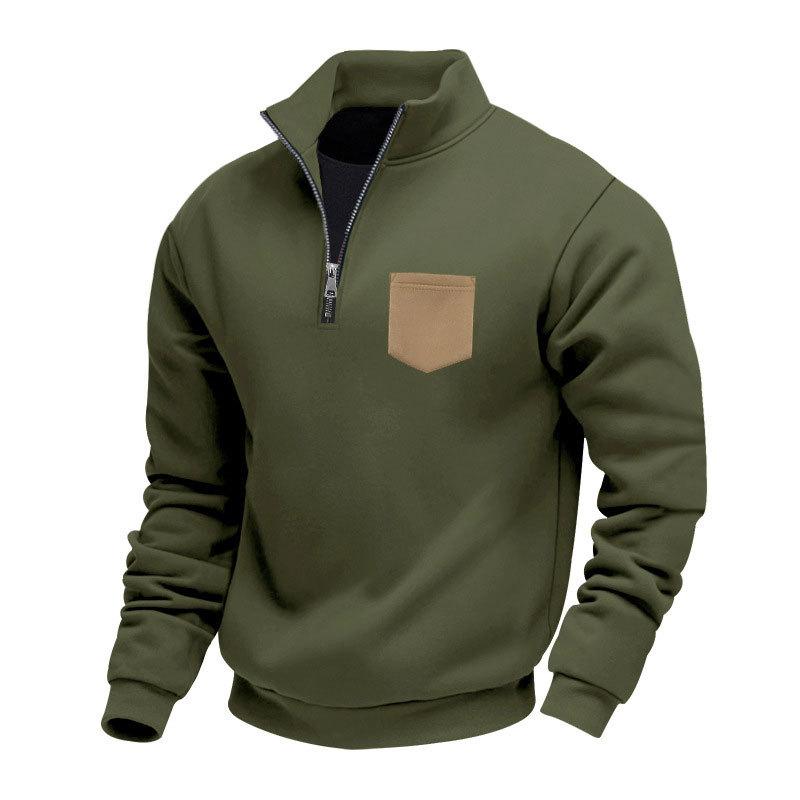 New Autumn/Winter Heavyweight Fleece-Lined Oversized Solid-Colour Patch Pocket Half-Zip Stand-Up Collar Men's Sweatshirt