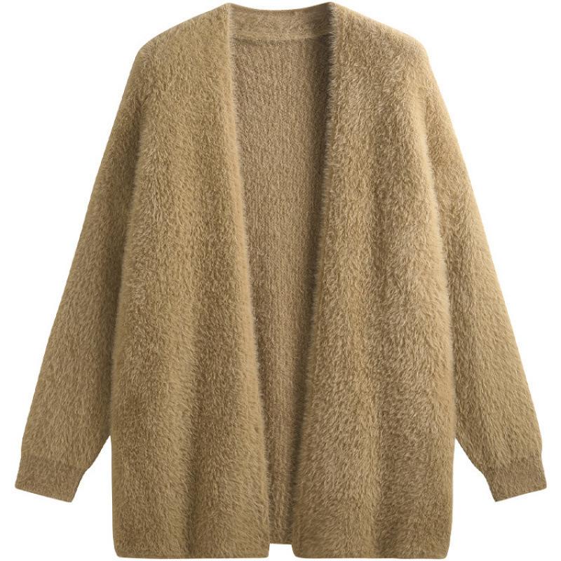 Autumn and winter fashion loose foreign style imitation mink cardigan solid color advanced sense simple medium and long sweater jacket