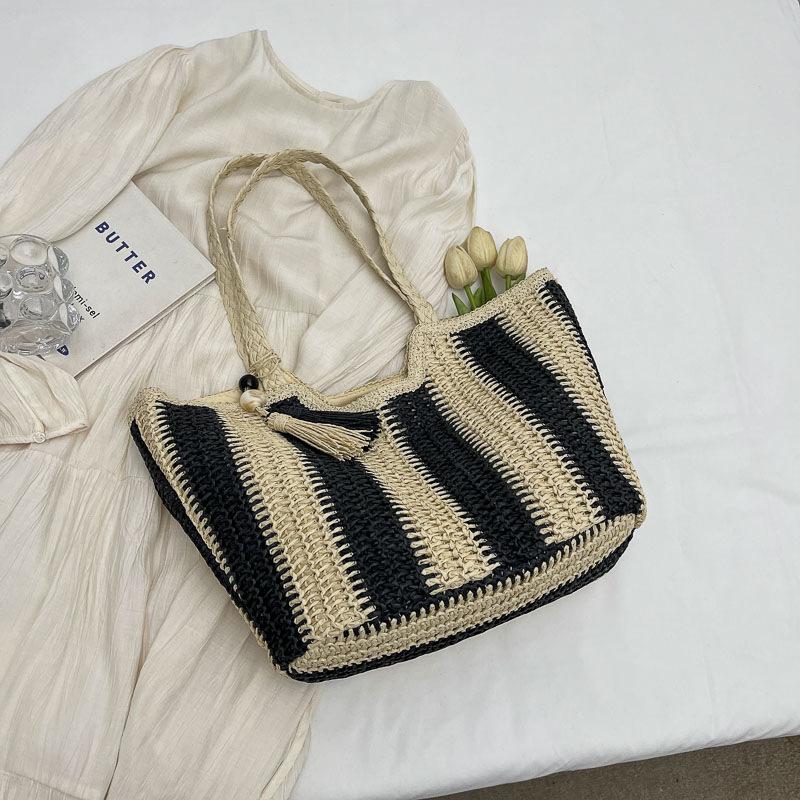 New Vertical Striped Straw Bag High Value Handbag Women's Shoulder Tote Bag Woven Bag Holiday Wind Beach Bag