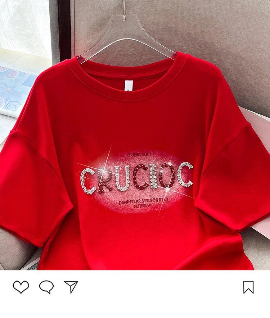 Women's 2024 Summer Trendy Loose Short Sleeve Pure Cotton Studded T-Shirt