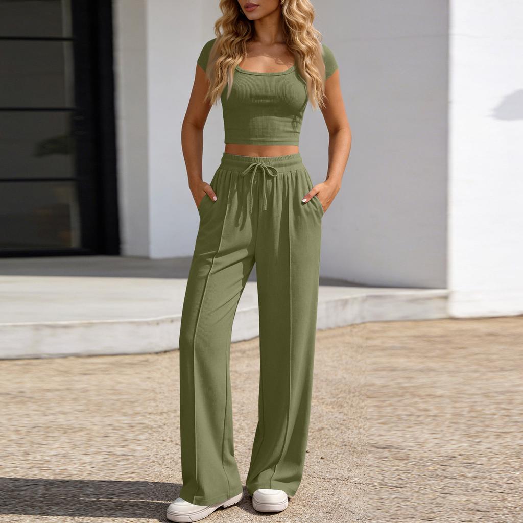 Ladies' Casual Slim Fit Two-piece Set With Short Sleeves And Long Pants
