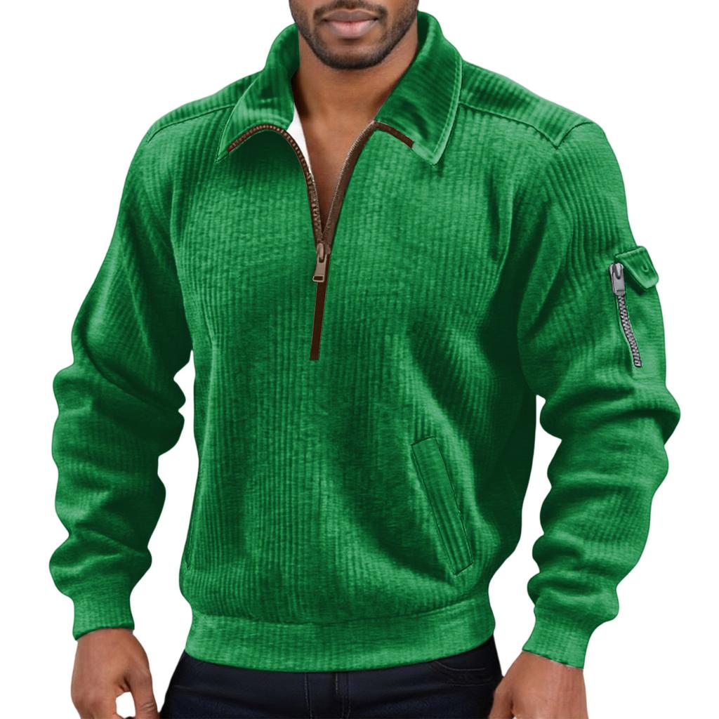 Men's Color Corduroy Zipper Neck Long Sleeve Top Men's Casual Lapel Top