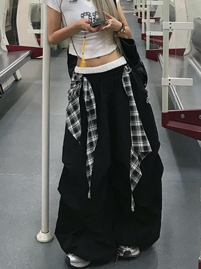 [Send fart curtain] Internet celebrity retro American relaxation plaid strap wide leg splicing loose quick-drying casual pants tide