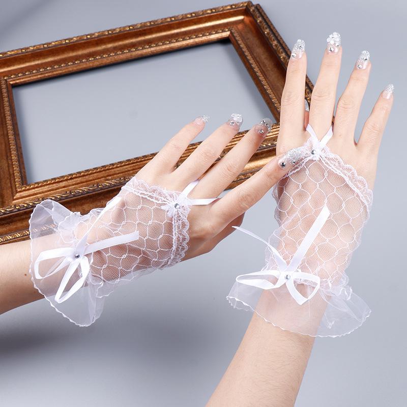 Summer Lolita Lace Short Fingerless Gloves Girl Princess Mesh Bow Hand Sleeve Dress Party Wedding Cosplay Accessories