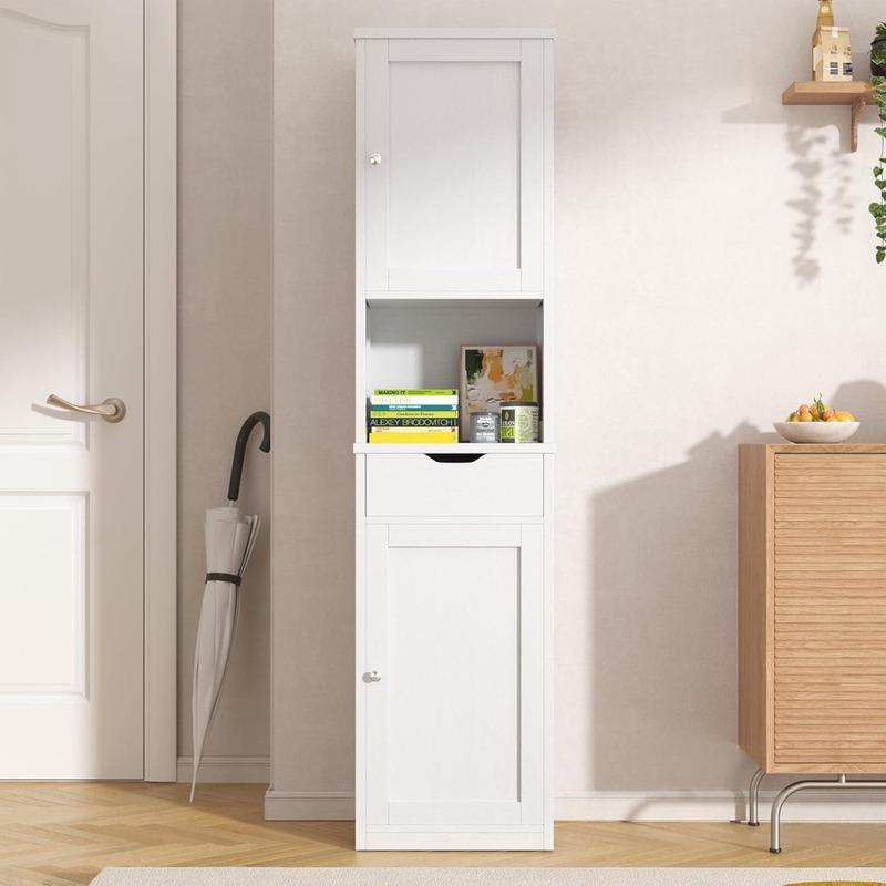 Tall Bathroom Storage Cabinet, 64”H Narrow Storage Unit for Small Spaces, Freestanding Modern Cabinet with Adjustable Shelves