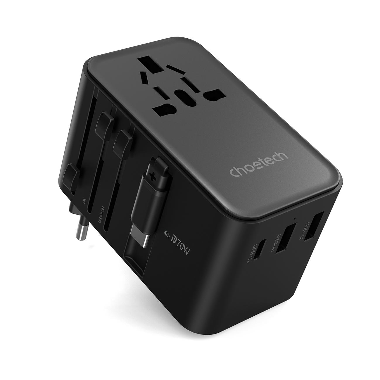 Adattatore Caricabatterie da Viaggio 70W EU US AUS UK con Cavo USBC Integrato Nero