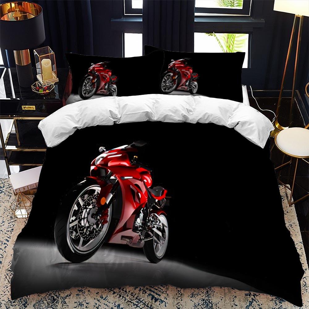 Luxury Bedding Set Motorcycle Fire Print Duvet Cover Set with Pillowcase Motocross Bedspread Boy's Bed Set