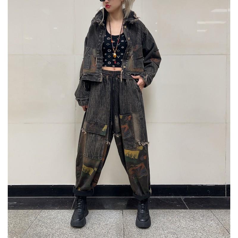 Womens Vintage Denim 2-Piece Set Loose Long Sleeve Jacket Harem Pants Fashion