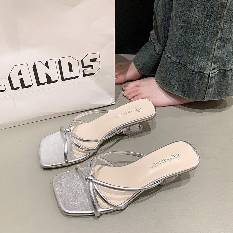 Cool slippers summer outer wear women's shoes 2025 new silver square head with skirt thick heel slippers