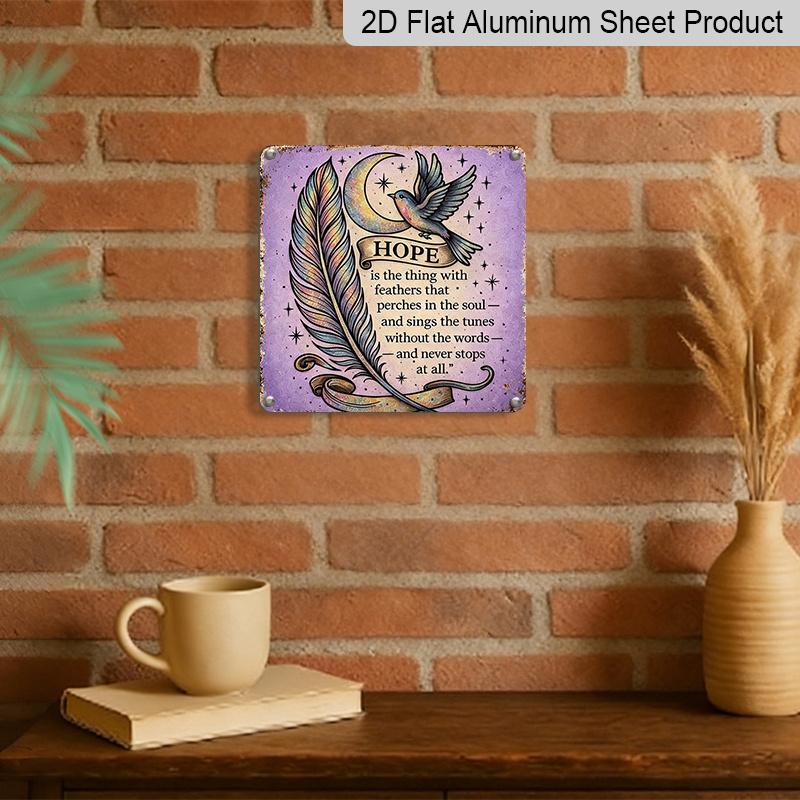 2D Flat 1pc Rainbow Feather Bird Aluminium Hanging Plaque, Hope Quote Sign and Rainbow Feather Bird Crescent Moon Star Print Wall Decor, Gothic
