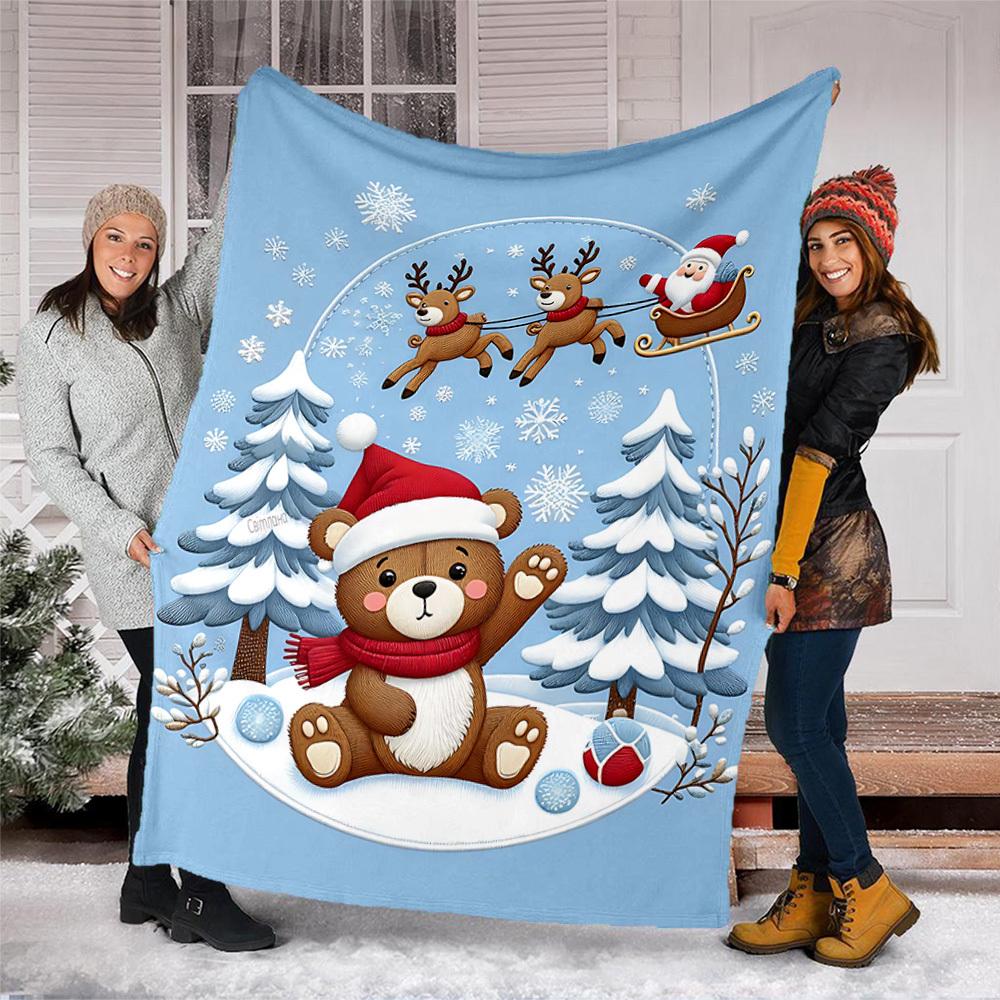 1pc Christmas teddy bear Outdoor Flannel Blanket , Machine Washable Perfect Gift for Birthday , Holiday Travel Accessory , Durable Material