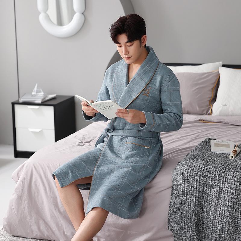 Men's Long Cotton Pajamas & Bathrobe - Thick, Three-Layer for Winter & Spring