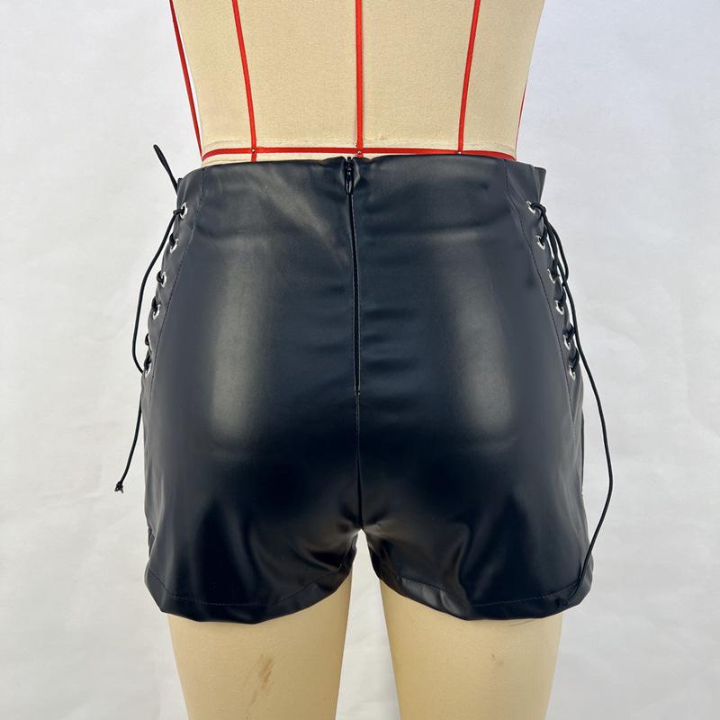 2023 Autumn/Winter Women's High-Waisted Black Faux Leather Shorts - Elastic, Casual, Tight Fit