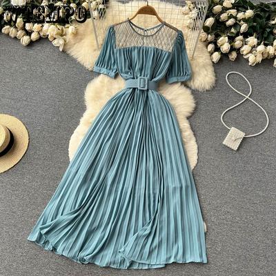 Vestido feminino elegante de verão com cinto floral de chiffon, envelhecimento casual, temperamento de alta qualidade, vestidos plissados
