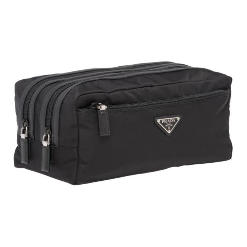 Prada Silver Logo Saffiano Leather Toilet Bag Clutch Unisex Couple Style Black