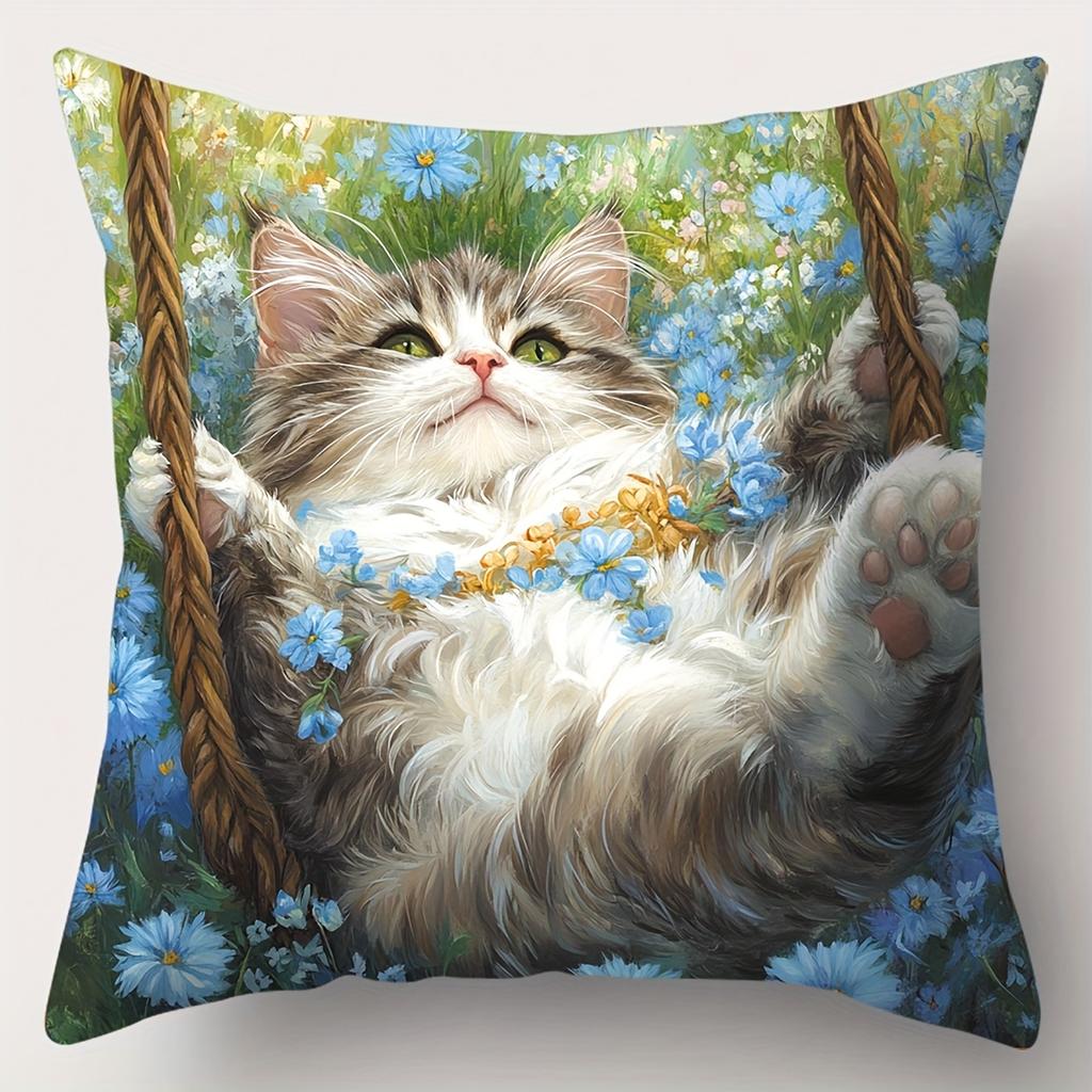 Cute Cat Prints On Blue Flower Decorative Cushions Polyester pillowcase, sofa decorative cushion cov Headboard Pillow