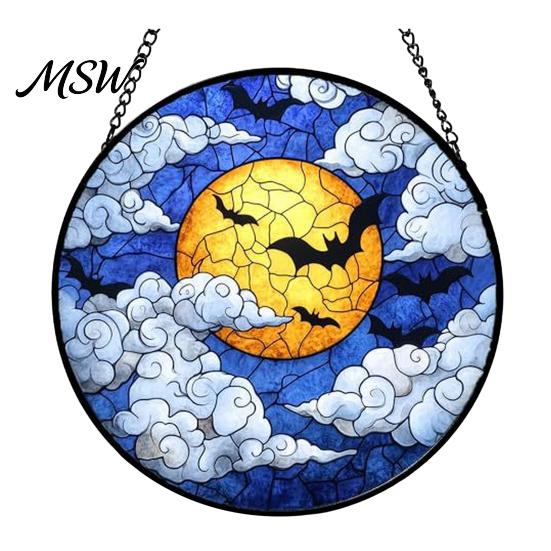 Sunproof Courtyard Decorations Halloween Stained Glass Suncatcher Ornament, Vintage Hanging Window Decor with Pumpkin Ghost Bat Witch Retro Dark Style