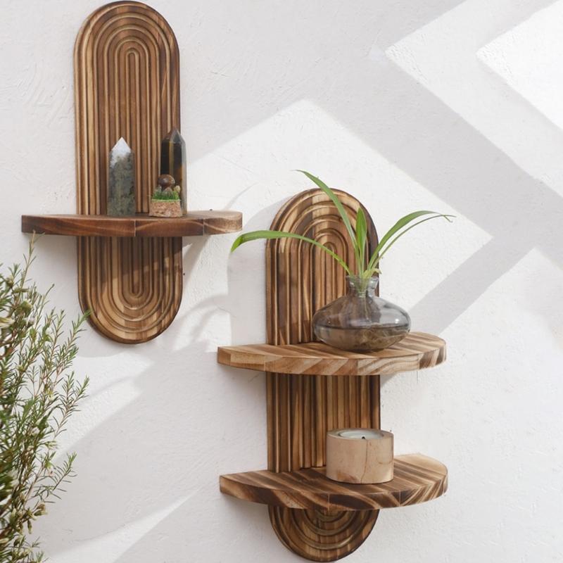 Wood Arched Wall Shelf Oval Shape Hanging Shelf Wall Mount Book Plant Display Rack for Living Room Bedroom Decors