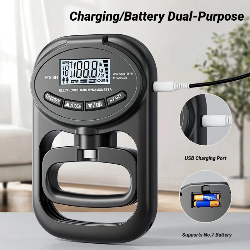 265Lbs/120Kg Lcd Screen Grip Strength Meter For Men And Women Tester Digital Hand Dynamometer Training Rechargeable Dual Purpose