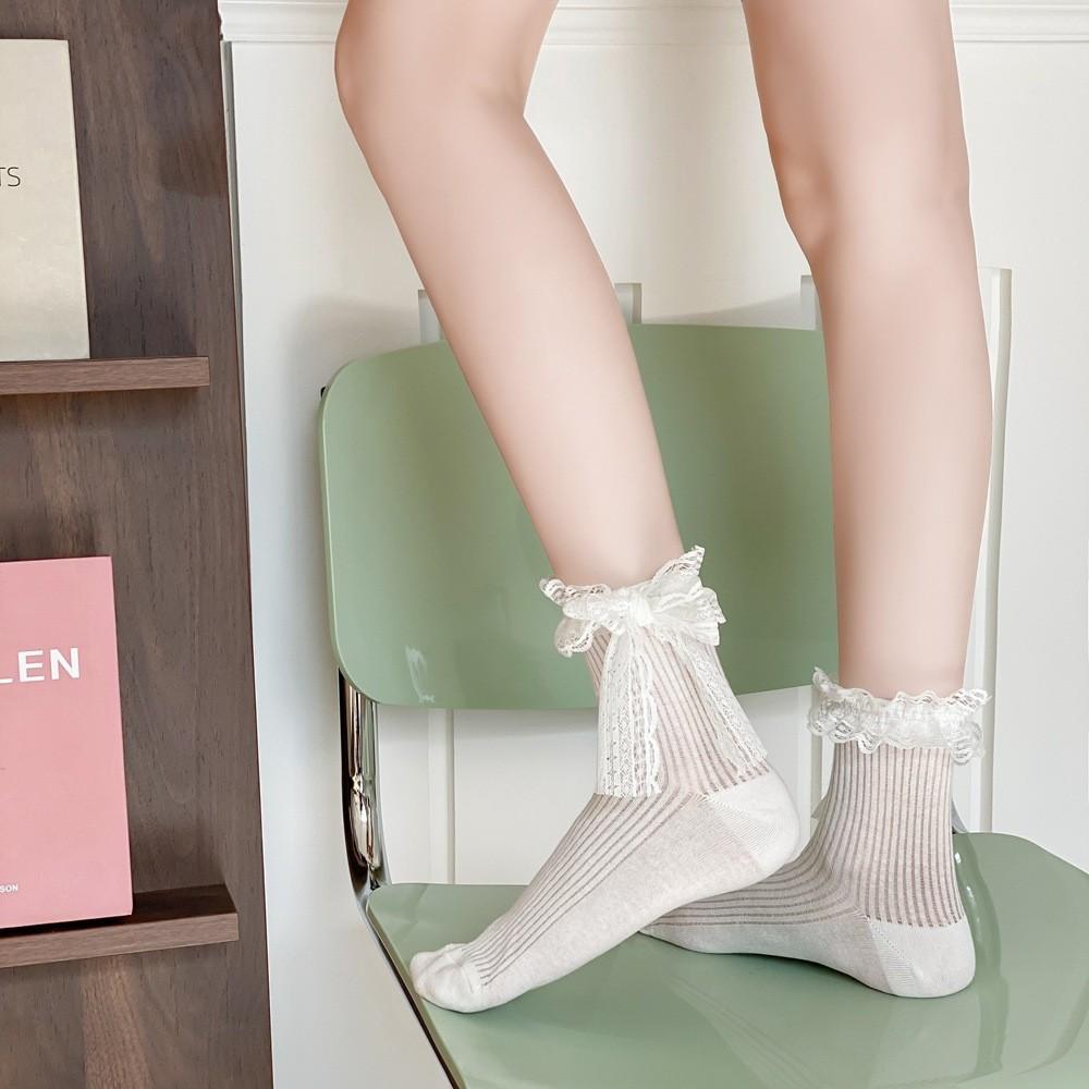 New Design Lace Bow Ribbon Ankle Socks for Women Vintage Lolita Thin White Princess Sweet Mid-tube Sock Female Kawaii Airy Socks