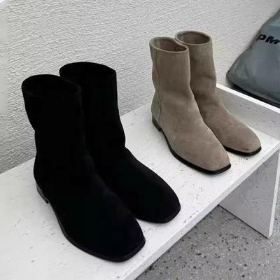 Spot Version Retro Suede Square Head Flat Bottom Short Boots 25 Autumn and Winter New Leather Minimalist Versatile Thin Boots Martin Boots