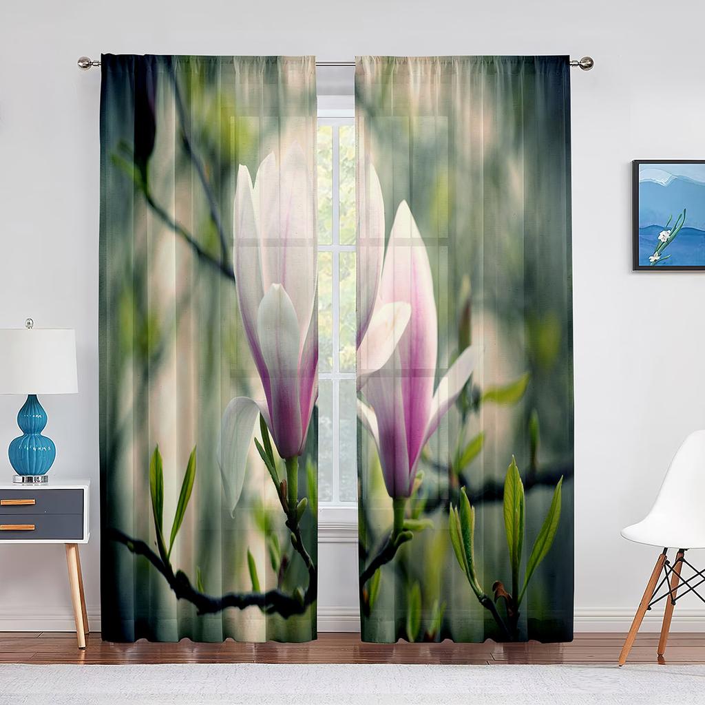 Weißer transparenter Vorhang mit Magnolienblumenmuster für Wohnzimmer, Küche, Fenster, Schlafzimmer, Dekoration, Blumen-Voile, zum Aufhängen, eleganter Tüllvorhang