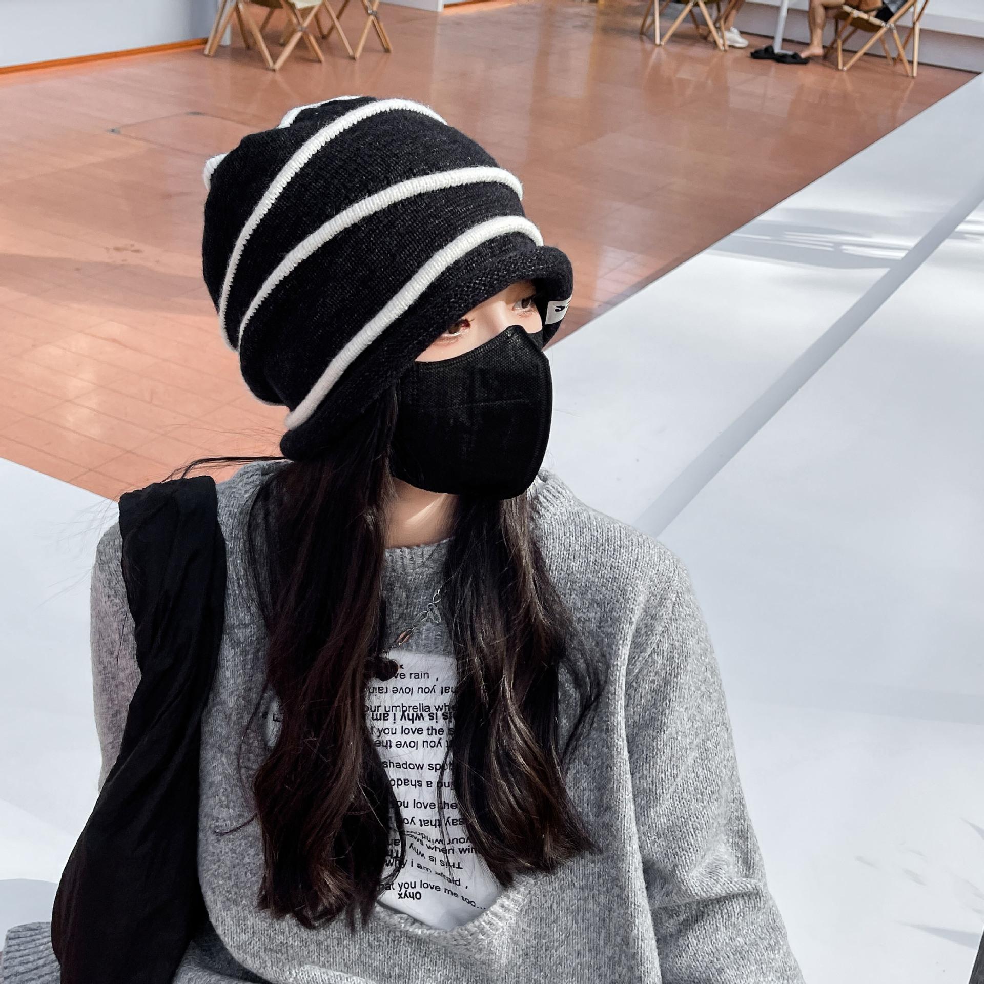 

Hat Women s Autumn and Winter New Curly Wool Hat Striped Ear Protection and Warmth Pile Knitted Hat Korean Version
