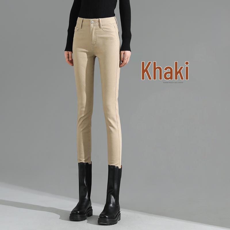 

Women’s High-Waist Khaki Denim Skinny Pants - Apricot Color, Slim Fit, 2025 Spring Collection 32