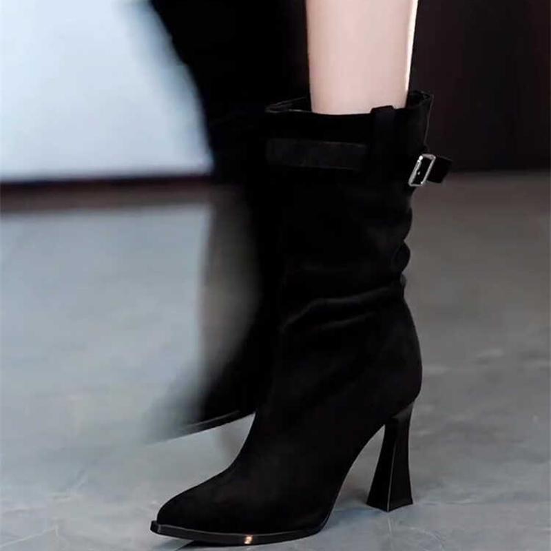 Vintage Suede High Heel Women Slim Ankle Boots Autumn Winter Female Elegant Short Booties