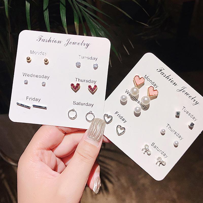 Stud Earrings Set For Women Statement Heart Star Snowflake Flower  Pearl One Week Minimalist Set Of Earrings Gift
