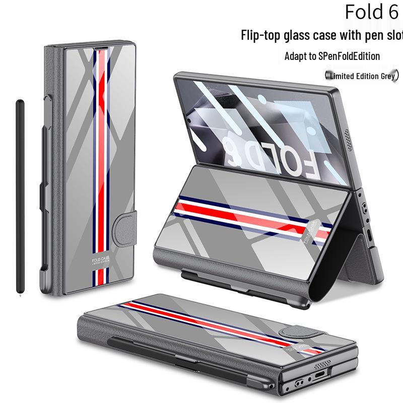 Samsung Z Fold 6 Leather Flip Case with Pen Slot and Glass Cover – Stylish and Business-Friendly.