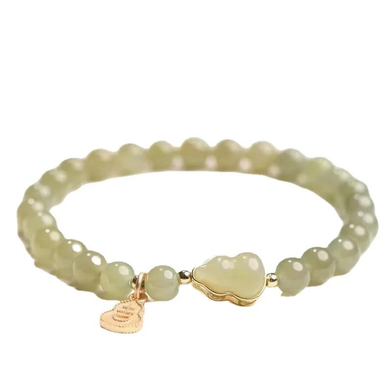 Classical Natural Hotan Jade Green Gourd Beaded Bracelet for Women Female Fresh Light Luxury Bangles Party Jewelry Gift