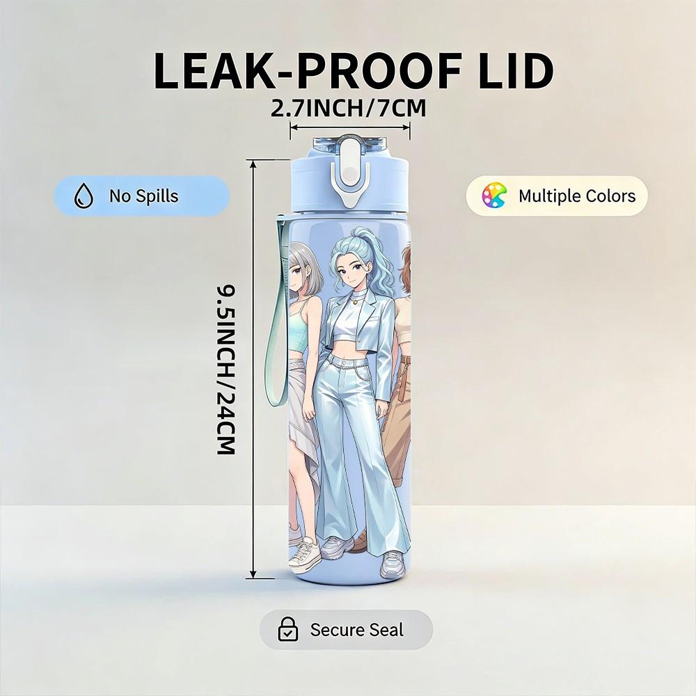 1PC Two Ladies Light Denim Outfit 750ml Color Plastic Sports Water Bottle Leakproof Flip Straw Lid Suitable for Sports Office Home Use
