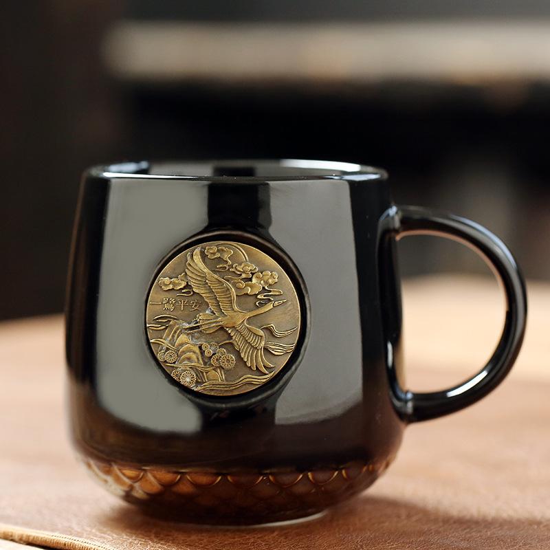 Ceramic Water Cup Mug With Copper Sheet And Bronze Medal Coffee Cup, Xingba Wind Can Print Fish Scale Milk Cup