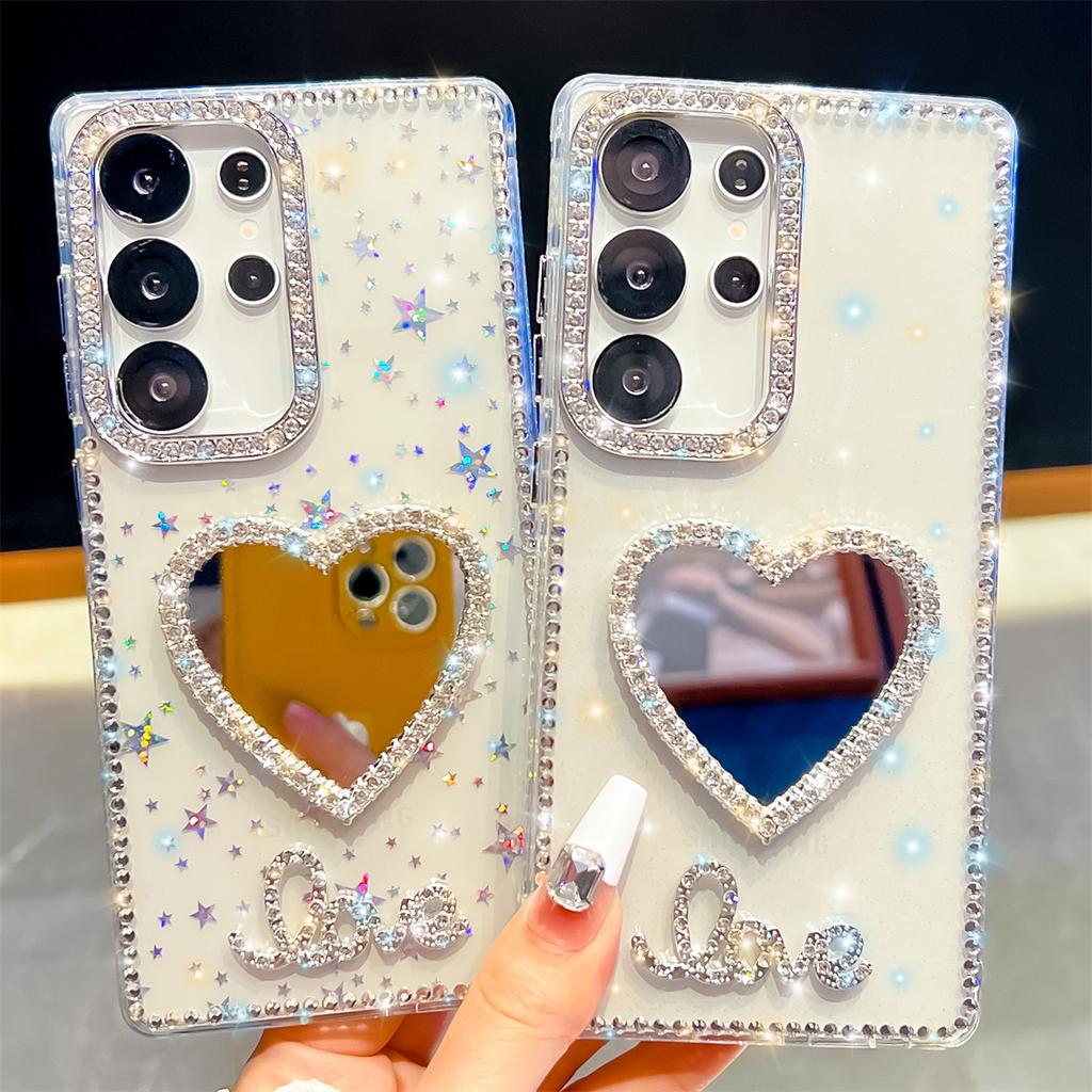 Handmade Sparkly Diamond Heart Mirror IMD Phone Case, Compatible with Samsung S23 Ultra/S24/S25 & A07/A15/A16/A17/A26/A35/A36/A55/A56