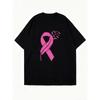 Black Oversized T Shirt With Pink Ribbon And Feather Print For Breast Cancer Awareness Casual Wear